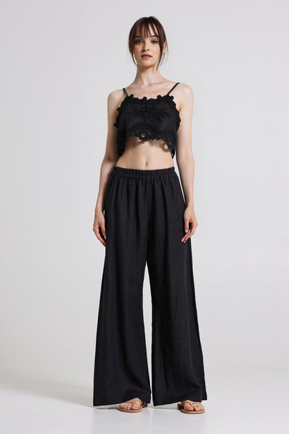 Linen And Lace Top With Crossed Back Ribbon
