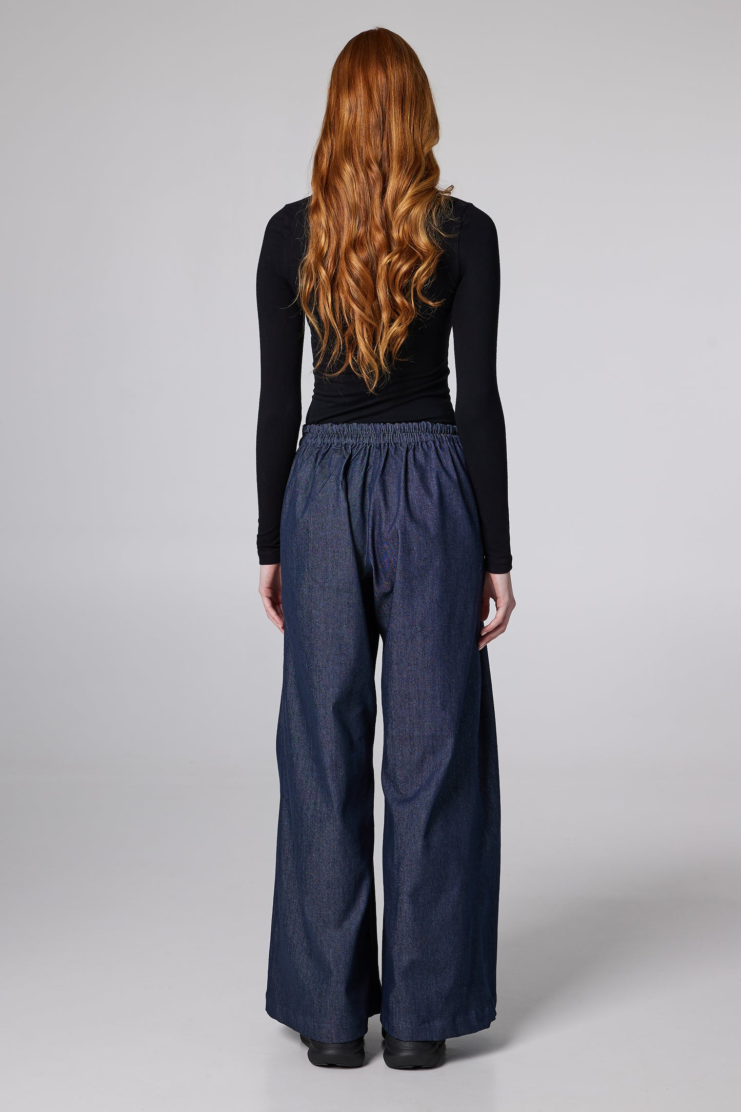 Wide Denim Trousers With Pockets And Front Pleats