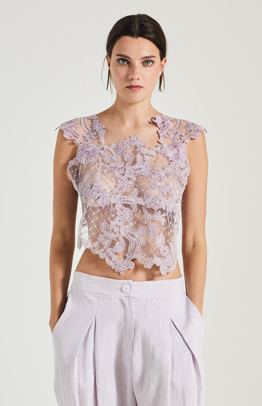 Lace Top With Open Back And Ribbons