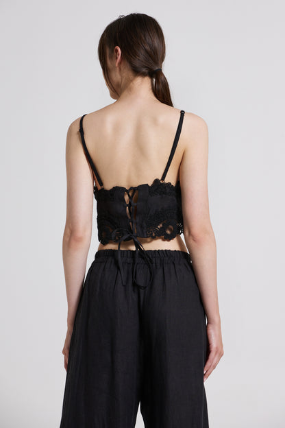 Linen And Lace Top With Crossed Back Ribbon