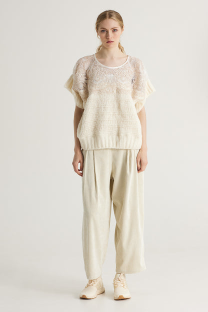 Wool Knitwear Blouse With Short Sleeve And Lace Details