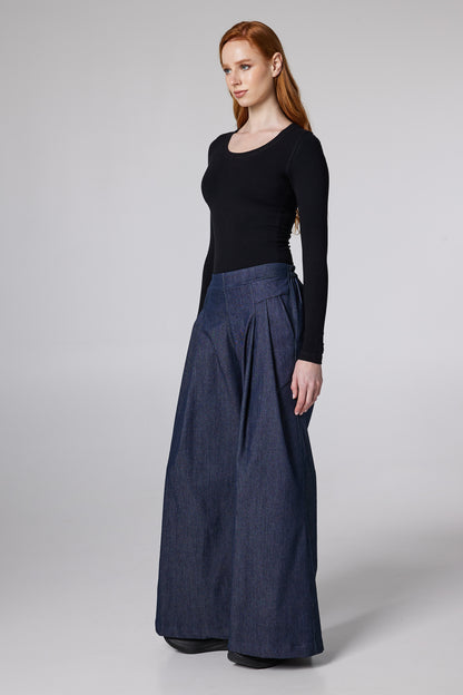 Wide Denim Trousers With Pockets And Front Pleats