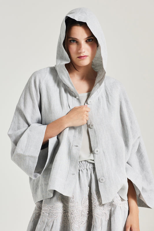 Linen Jacket With Hood And Front Buttons