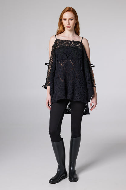 Lace-Trimmed Knit Cami Top With Cold-Shoulder