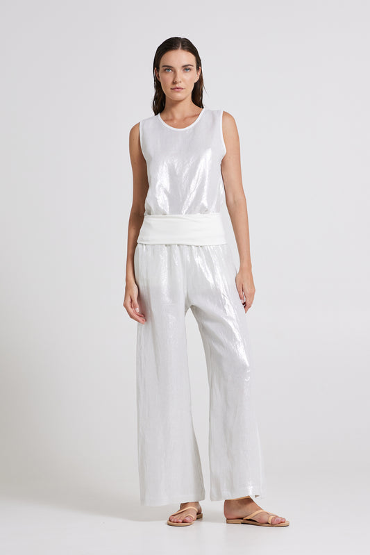 Laminated Linen Trousers With Adjustable Waistline
