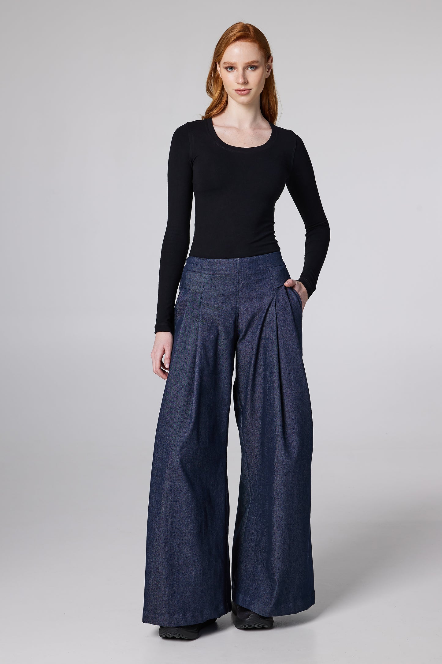 Wide Denim Trousers With Pockets And Front Pleats