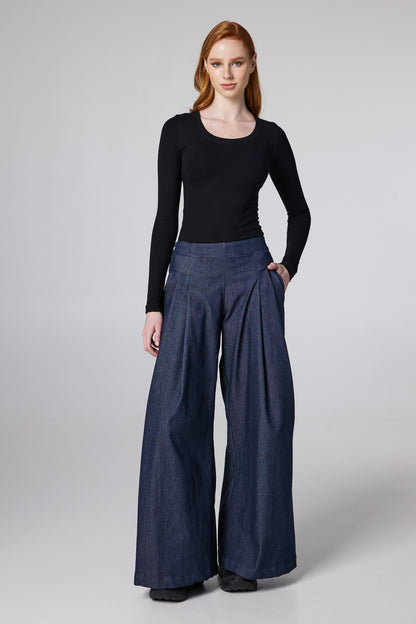 Wide Denim Trousers With Pockets And Front Pleats