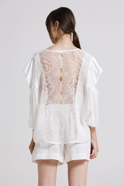 Linen Blouse With Lace Back And Silk Sleeves