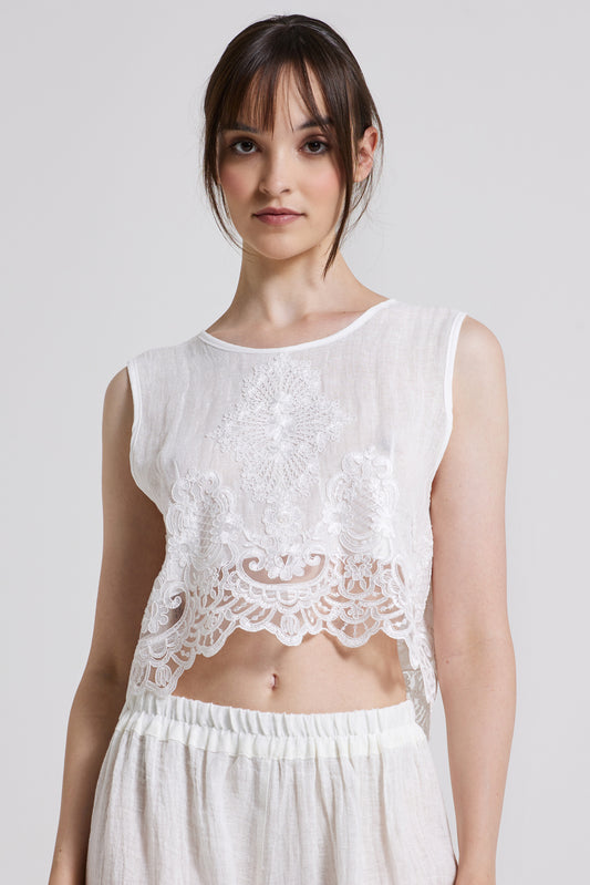 Linen Sleeveless Top With Bottom Lace Details And Back Ribbon