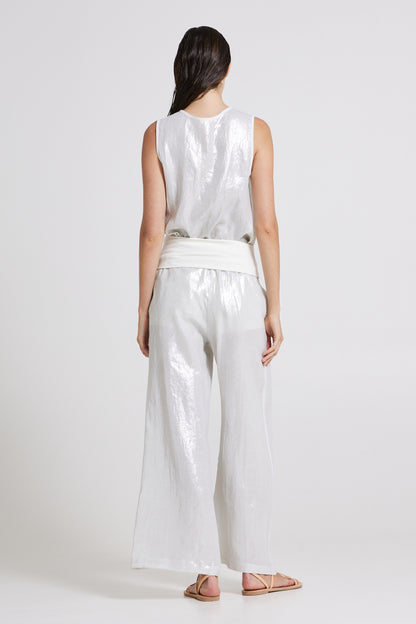 Laminated Linen Trousers With Adjustable Waistline