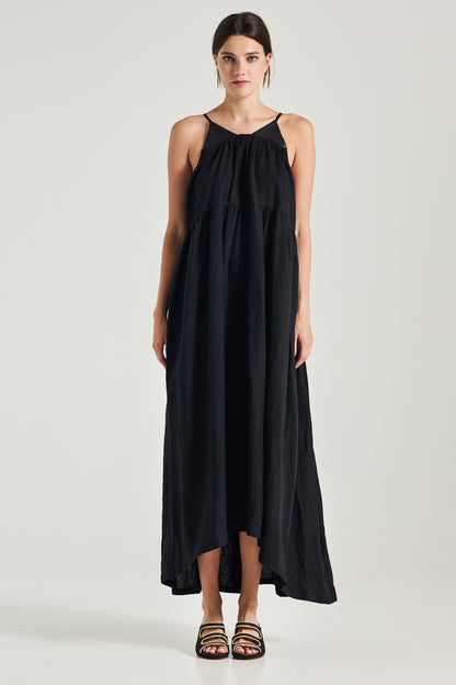 Linen Dress With Leather Top Details And Open Back