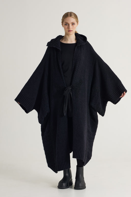 Oversized Wool Coat With Hood And Front Ribbon