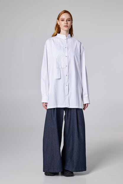 Long Cotton Shirt With Front Pleats