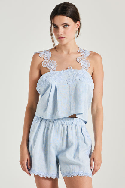 Linen Pleated Blouse With Lace Details