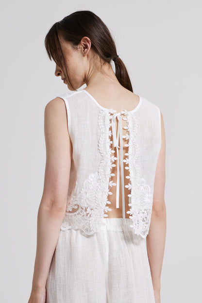 Linen Sleeveless Top With Bottom Lace Details And Back Ribbon
