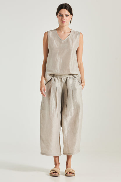 Linen And Silk Trousers With Elastic Waistband And Front Pleats