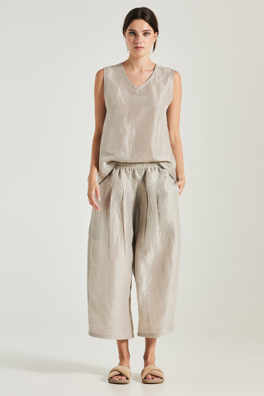 Linen And Silk Trousers With Elastic Waistband And Front Pleats