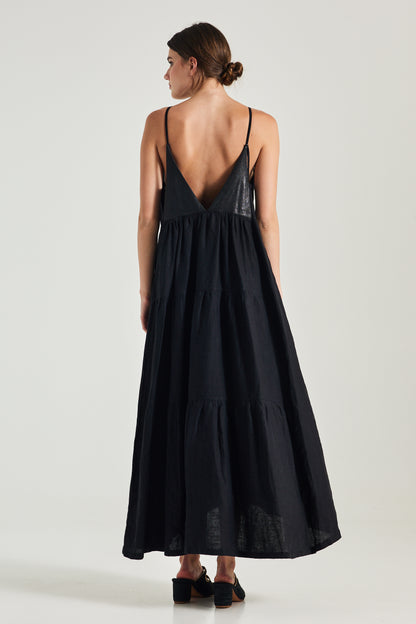Linen Dress With Leather Top Details And Open Back