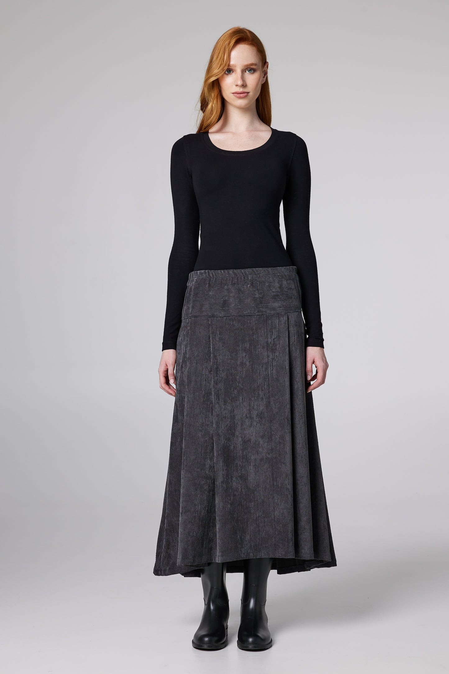 Corduroy Maxi Pleated Skirt With Adjustable Waistband