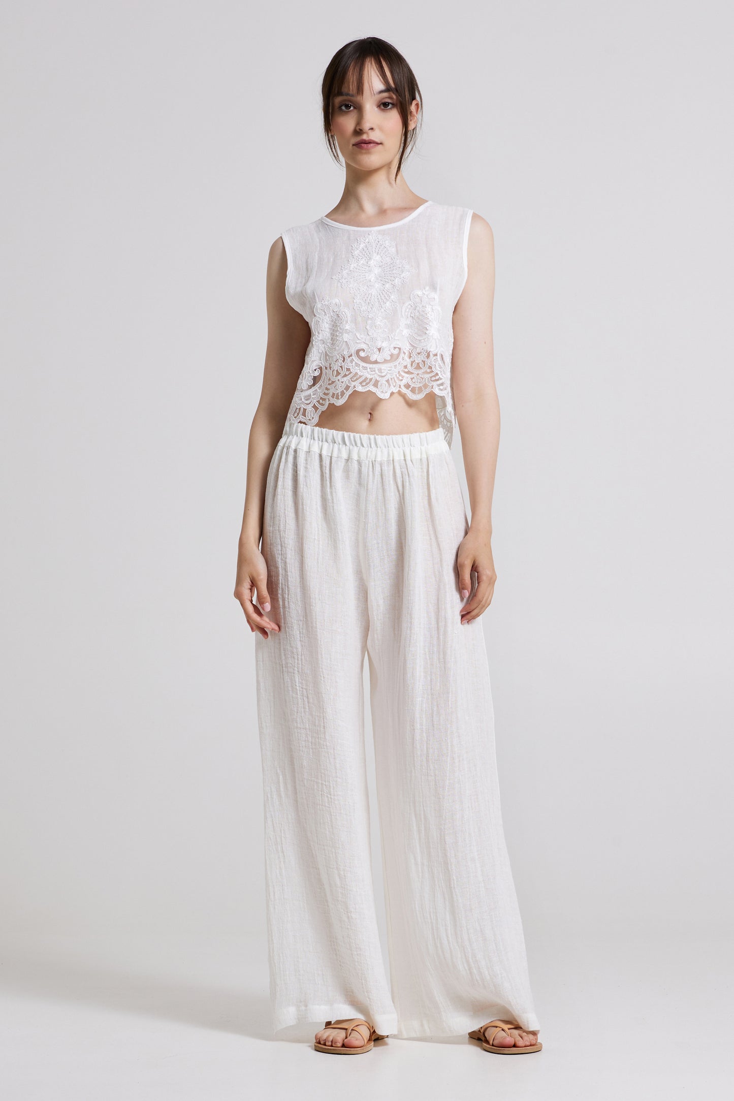 Linen Wide Trousers With Elastic Waistband