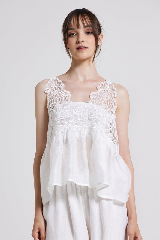 Linen And Silk Top With Lace Details