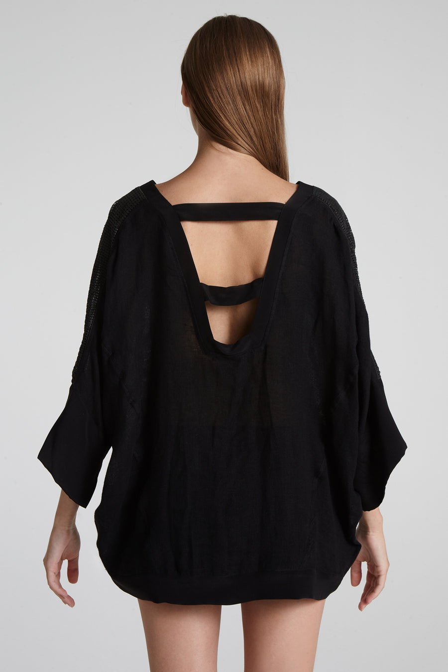 Leather and linen open back blouse