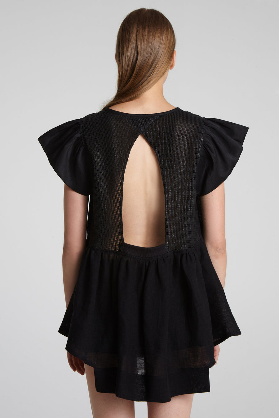 Open back leather and linen blouse