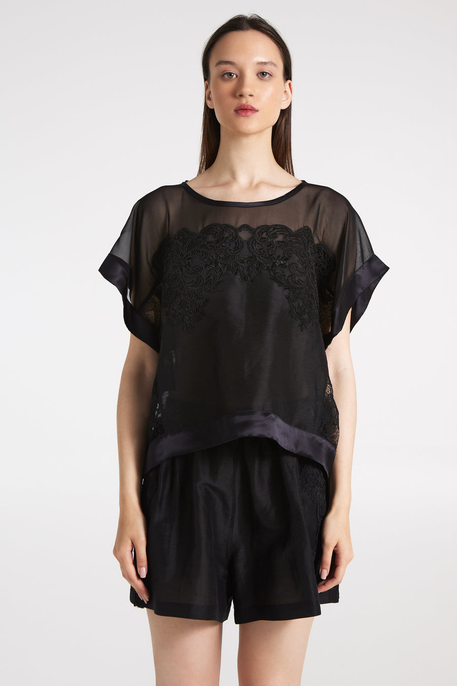 Sheer silk blouse with lace