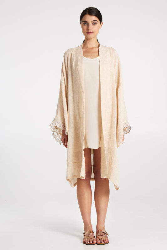 Midi linen kimono with lace